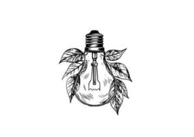 Engraving light bulb with leaves. Vintage engraved light for eco concepts vector