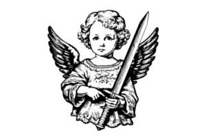 pequeño ángel con espada vector retro estilo grabado negro y blanco ilustración. linda bebé con alas.