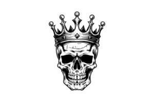 Human skull in a crown in woodcut style. Vector engraving sketch illustration for tattoo and print design.