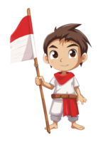 boy cartoon character element holding indonesian flag, png