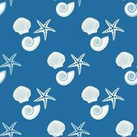 Vector seamless pattern on a blue background. Seashells and a starfish in the cartoon style. Summer, beach.