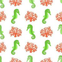 Vector seamless pattern. Seahorse and seaweed in cartoon style. Summer, beach.