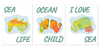 Vector illustration. A collection of postcards on a marine theme with fish.