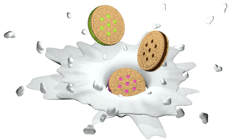 Three sandwich cookies with chocolate, strawberry and lemon cream splashing on a milk surface. 3D Illustration png