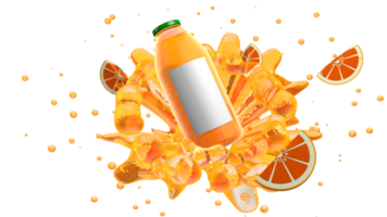 Orange juice bottle with green cap and white label splashing orange liquid surrounded by bubbles and orange slices. 3D Illustration png