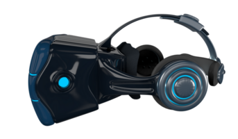 virtual reality glasses in black and blue color with headphones and blue lights. 3D Illustration png