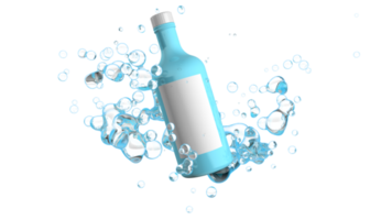 luz azul vidro garrafa com boné e branco rótulo espirrando bolhas. 3d ilustração png