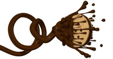 Stream of chocolate cream crashing and splashing on a vanilla sandwich cookie with chocolate cream. 3D Illustration png