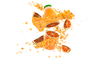 Halved orange shaped like a juice bottle with green cap surrounded by bubbles and orange slices. 3D Illustration png