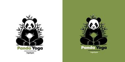 Vector Logo Illustration Panda Simple Mascot of Yoga Style. Logotype mark design template on white and green background.