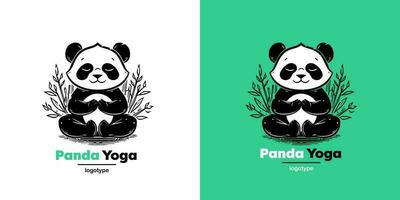 Vector Logo Illustration Panda Simple Mascot of Yoga Style. Logotype mark design template on white and green background.