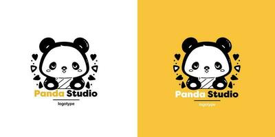 Panda vector logo illustration on yellow and white background. Panda's head logotype. Cute animal face sign design template