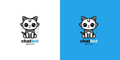 Robot cat chatbot head icon sign  design vector illustration  on white and blue background. Cute AI bot helper mascot character concept symbol business assistant.