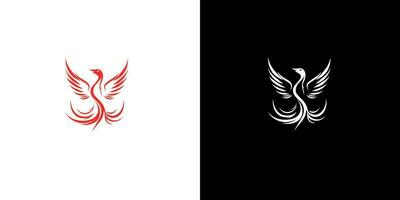 Abstract red and white phoenix logo design template on black and white background . Vector Illustration logotype