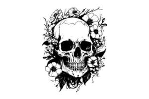 Human skull in a flower frame woodcut style. Vector engraving sketch illustration for tattoo and print design.