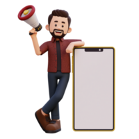 3d male character holding megaphone and laying on a big smart phone with empty screen png