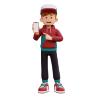 3d male character holding and pointing to a smart phone with empty screen png