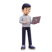 3D Male Character Standing Confused and Working on a Laptop png