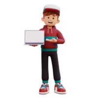 3d male character holding and presenting to a laptop with empty screen png