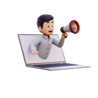 3D Male Character Jumping out of a Computer Screen with a Megaphone png
