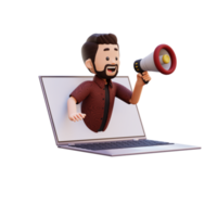 3d mannetje karakter jumping uit van computer scherm en Holding een megafoon png