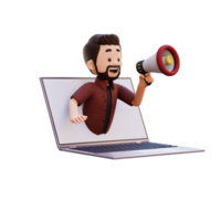 3d male character jumping out from computer screen and holding a megaphone png