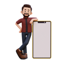 3d male character laying on a big smart phone with empty screen png