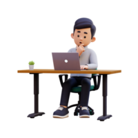 3D Male Character Engaged in Thoughtful Work on a Laptop png