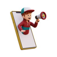 3d masculino personagem pulando Fora a partir de inteligente telefone tela e segurando uma megafone png