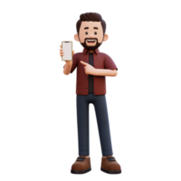 3d male character holding and pointing to a smart phone with empty screen png