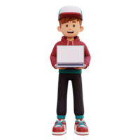 3d male character holding and presenting a laptop with empty screen png