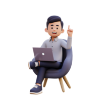 3D Male Character Gets an Idea while Sitting on a Sofa and Working on a Laptop png