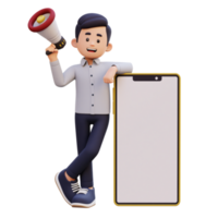 3D Male Character Holding Megaphone and Laying on a Big Smart Phone with Empty Screen png