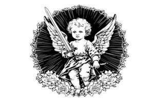 Little angel with sword in frame vector retro style engraving black and white illustration. Cute baby with wings.