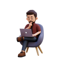 3d mannetje karakter zittend Aan een sofa en werken Aan een laptop met denken houding png