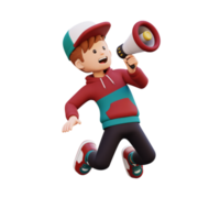 3d male character jumping and holding a megaphone png