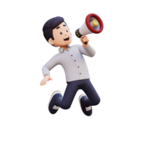 3D Male Character Jumping with Enthusiasm while Holding a Megaphone png