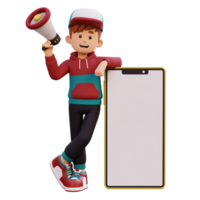 3d male character holding megaphone and laying on a big smart phone with empty screen png