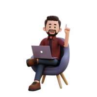 3d male character get an idea while sitting on a sofa and working on a laptop png