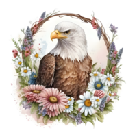 A watercolor illustration of an eagle with flowers. png