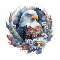 A watercolor illustration of an eagle with flowers. png