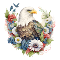 A watercolor illustration of an eagle with flowers. png