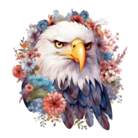 A watercolor illustration of an eagle with flowers. png