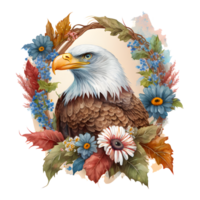 A watercolor illustration of an eagle with flowers. png