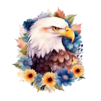 A watercolor illustration of an eagle with flowers. png