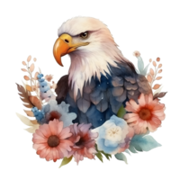 A watercolor illustration of an eagle with flowers. png