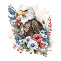 A watercolor illustration of an eagle with flowers. png