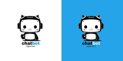 Robot cat chatbot head icon sign  design vector illustration  on white and blue background. Cute AI bot helper mascot character concept symbol business assistant.