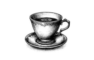 un taza de café en un platillo con un cuchara. . mano dibujado vector grabado estilo ilustraciones.