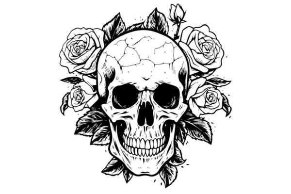 Human skull in a flower frame woodcut style. Vector engraving sketch illustration for tattoo and print design.